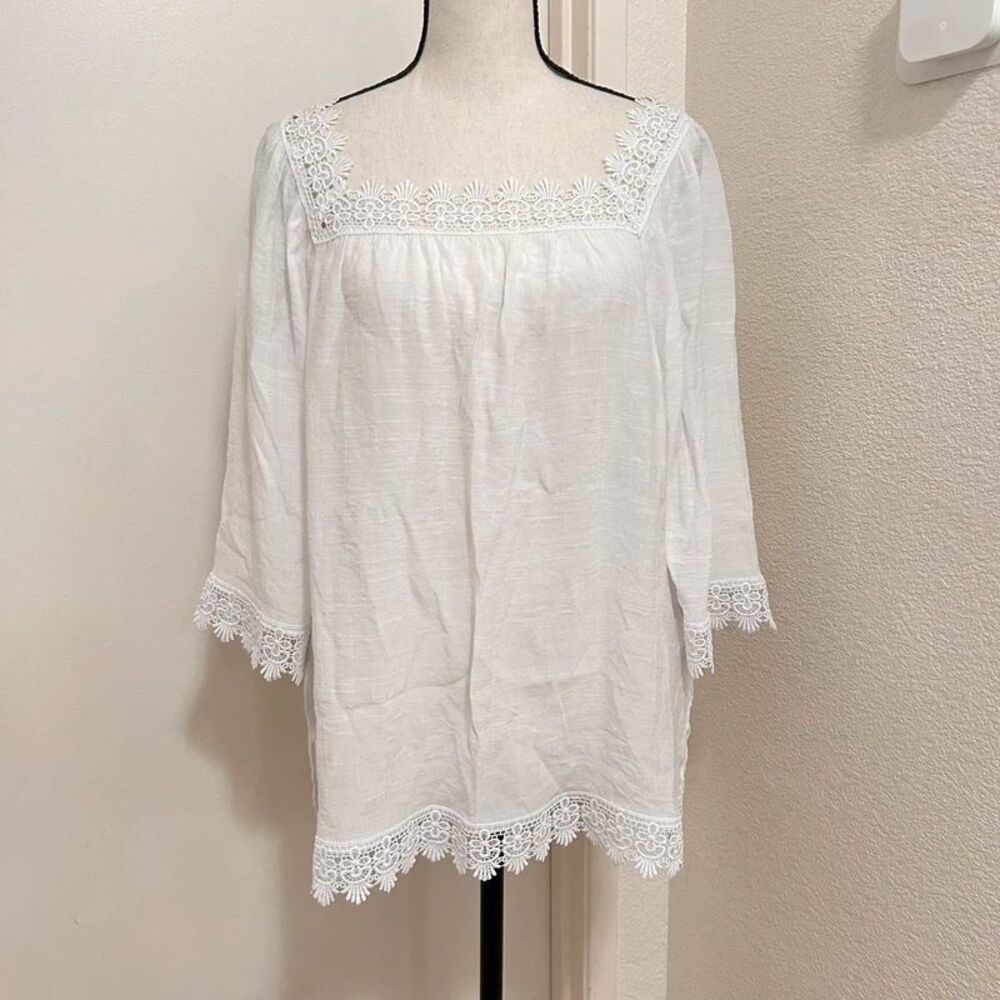 Counterparts White Flowy Boho Peasant Top Crocheted Lace Details Relaxed Fit M
